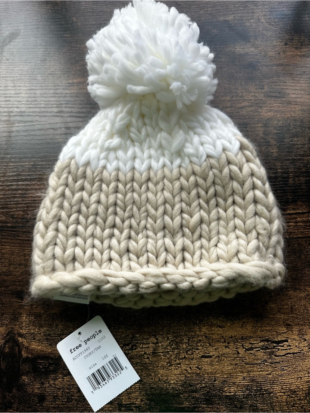 Free People Chunky Knit Pom Beanie in White and Beige - Picture 2 of 6